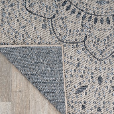 Cream and Blue Medallion Flat Woven Indoor/Outdoor Rug