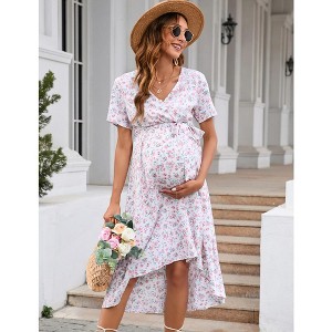 Women Cross V Neck Wrap Dress Lantern Short Maternity Dress Tie High Waist Dress A-Line Flowy Dress with Belt - 1 of 4
