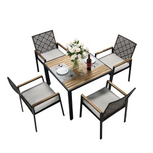 TiramisuBest All Weather 5-Piece Patio Dining Table Sets,Patio Conversation Set Acacia Wood Table Top with Umbrella Hole,Rattan Outdoor,Coffee Brown - 1 of 4