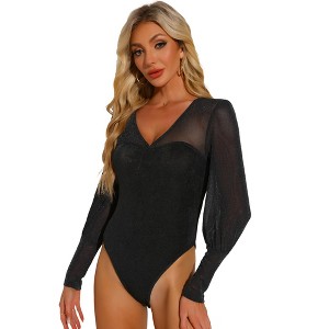 INSPIRE CHIC Women's V Neck Lantern Sleeve Tops Glitter Bodysuit - 1 of 4