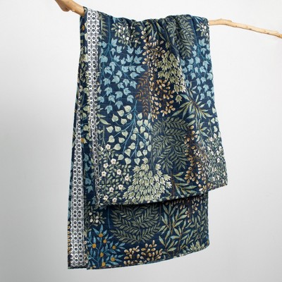 English Forest Navy and Cream Botanical Quilted Throw