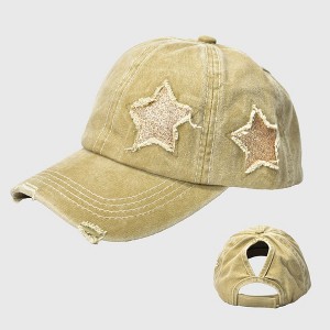 Anna-Kaci Women's Distressed Baseball Cap with Glitter Star Patches - 1 of 4
