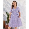 Plus Size Women's V-Neck Midi Dress - Short Sleeve, Wrap Waist with Belt, Flowy Pleated Skirt - 4 of 4