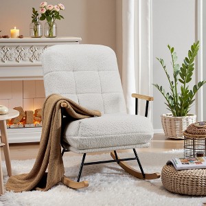 VECELO Upholstered Teddy Fabric Rocking Chair Modern Lounge Rocker Recliner with Adjustable Backrest, Padded Seat White/Pink - 1 of 4