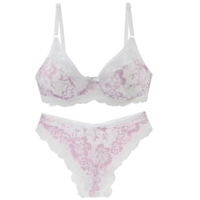 Agnes Orinda Women Plus Size Underwire Floral Lace Mesh Push-Up 2-Hook Lace Trim Bra and Panty Set