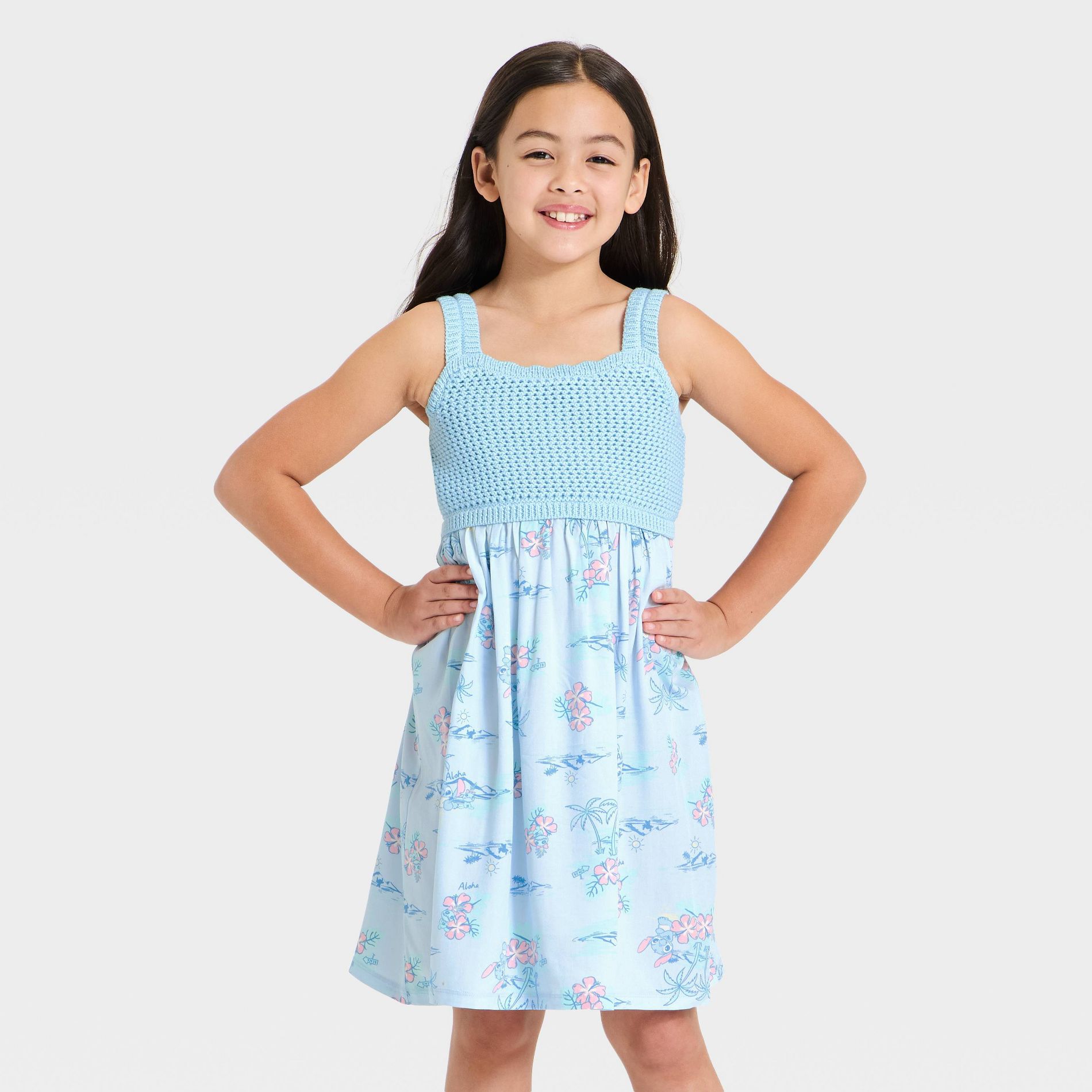 Girls' Disney Lilo and Stitch Wide Straps Crochet Dress - Blue M
