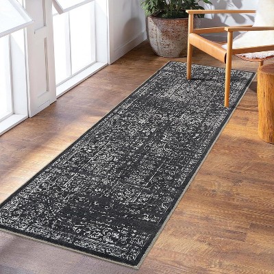 Vintage Floral Area Rug - Distressed Low Pile Non-Slip & Machine Washable Carpet for Kitchen, Living Room, Bedroom