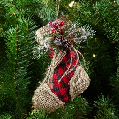 Rustic Red Plaid and Burlap Christmas Stocking Ornament Set