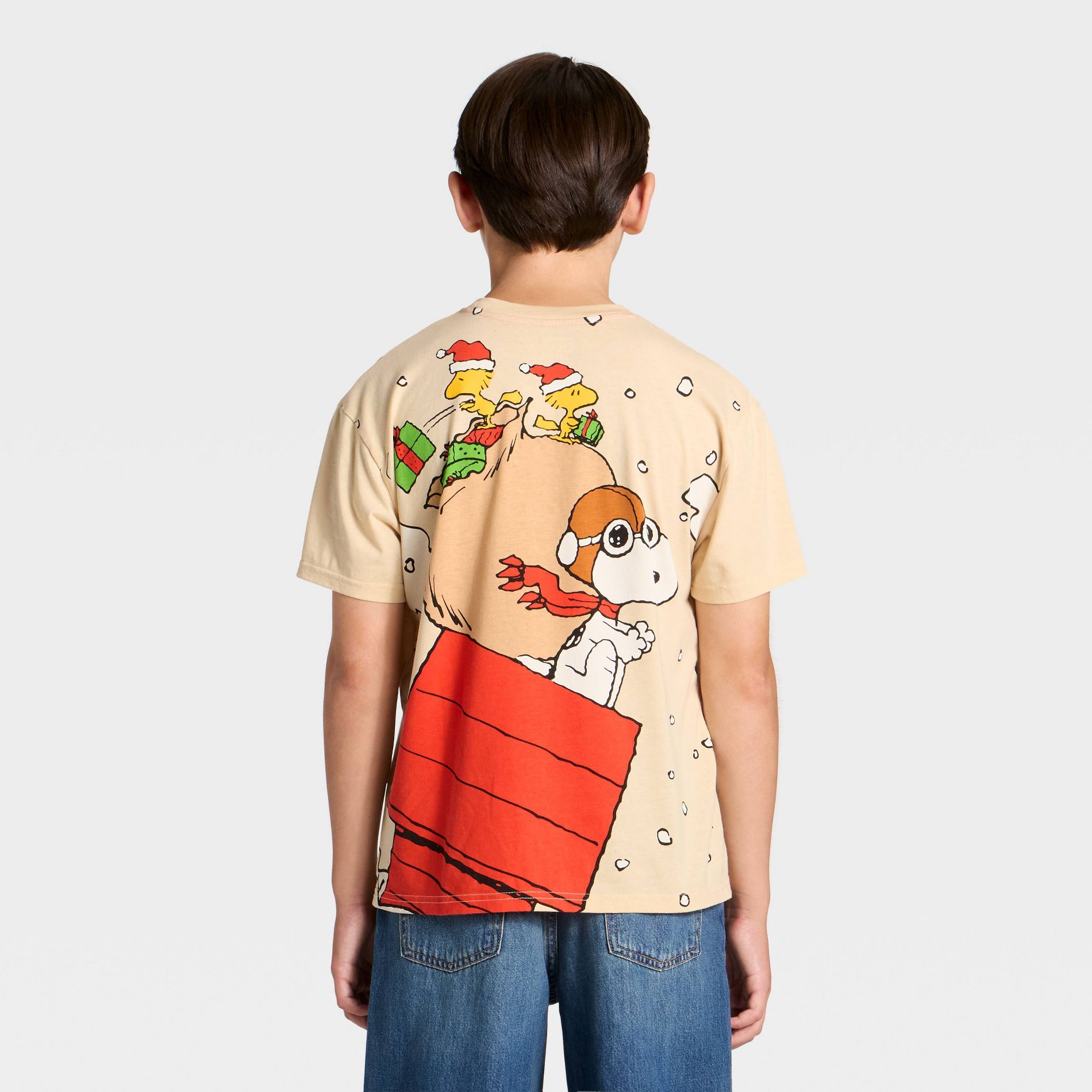 Boys' Snoopy and Woodstock Holiday Front and Back Short Sleeve Oversized Graphic T-Shirt - Brown