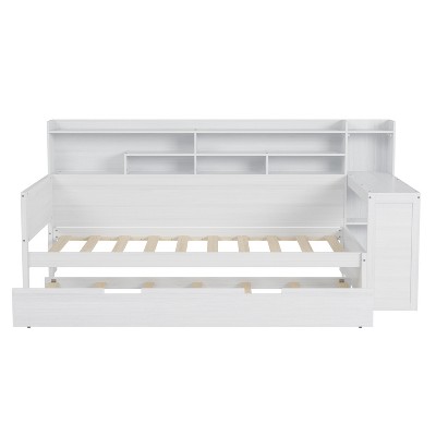 TIRAMISUBEST 91.3in Twin/ Full Daybed with Guardrails Kids Bed Trundle Desk Storage Shelves Wood Platform Bed Multifunctional Bedroom