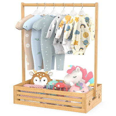 Baby Clothing Rack for Toddler, Pets Clothes Rack with Storage Box & Adjustable Hanging Rod, Baby Shower Clothes Closet Rack with Handle,Bamboo