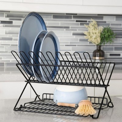 Black Metal Foldable Dish Rack with Utensil Cup