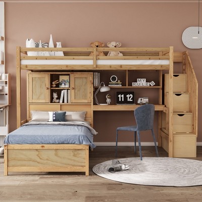 PAGED Twin Size Loft Bed Modern Wooden Bed Frame with Wardrobe, 2 Windows and Ladder and Guardrail for Bedroom