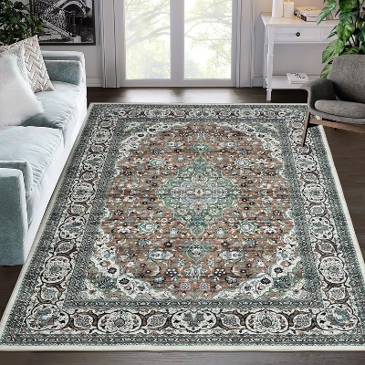 Area Rug Machine Washable Rug Non Slip Non Shedding Indoor Carpet Vintage Medallion Low Pile Foldable Rug for Bedroom Living Room Kids Room