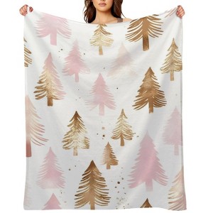 FIONECA Christmas Pink And Gold Pine Tree Pattern Soft Flannel Blanket Holiday Decorative Warm Throw Blanket 50x60 inches - 1 of 1