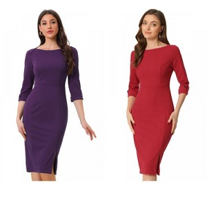 INSPIRE CHIC Women's Elegant Boat Neck 3/4 Sleeves Work Midi Split Sheath Dress 2 Packs - 1 of 4