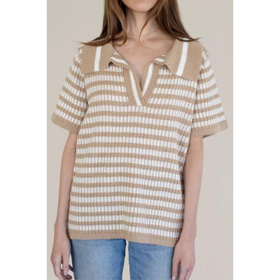 Women's Striped Short Sleeve Collar Knit Top - Things Between