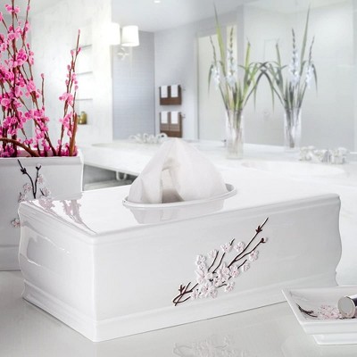 White Floral Resin Rectangular Tissue Box Cover