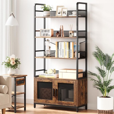 Industrial Bookshelf with Doors 70.87" Tall Bookcase with 4 Tiers Open Storage Shelf Rustic Bookshelves Display Rack Cabinet Farmhouse Bookshelf