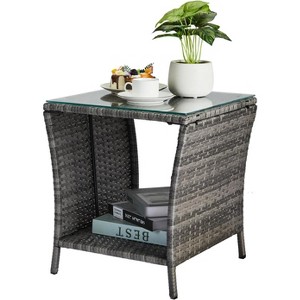 VINGLI Outdoor Wicker Side Table Patio Side Tables for Outside, Tempered Glass Top Wicker Table with Storage End Table for Balcony Porch Deck Gray - 1 of 4