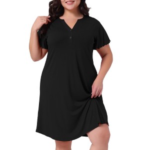 Agnes Orinda Women's Plus Size V Neck Button Ruffle Short Sleeve Midi Length Nightgowns - 1 of 4