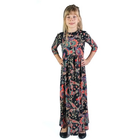 24seven Comfort Apparel Girls Black and Red Paisley Three Quarter Sleeve  Pleated Maxi Dress-Multi-S