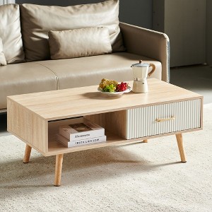 KTMBDW Coffee Table 41" Mid Century Modern Center Table with Drawer, Fluted Living Room Table with Storage, Open Shelf Coffee Table - 1 of 4