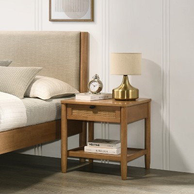 MOEPISY Single-Drawer Bedroom Nightstand with Shelf, Light Walnut