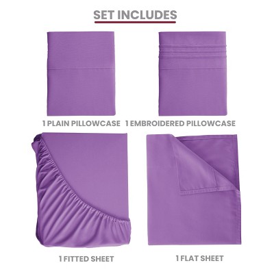 Twin Purple Microfiber Embroidered Deep Pocket Sheet Set