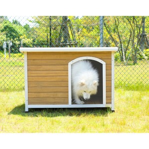 Large Medium Wooden Dog House, Outdoor Pet Kennel, Solid Wood, Weather Proof, Adjustable Plastic Feet (Yellow) - 1 of 4