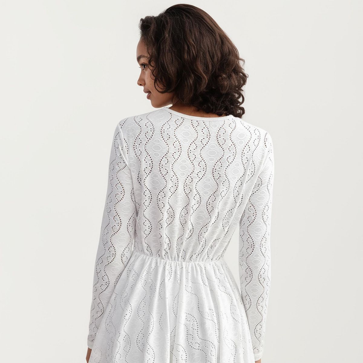 Anna-Kaci Women's Long Sleeve Lace Mini Dress with V-Neckline and Sheer Waist Detail - thumbnail 4