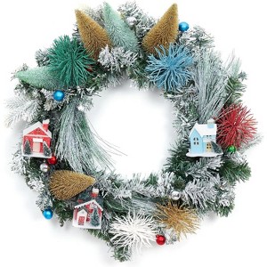 GAOMON 24 Inch Christmas Wreath, Artificial Holiday Wreath with Christmas Tree and House Village Front Door Decor, Large Xmas Wreath - 1 of 4