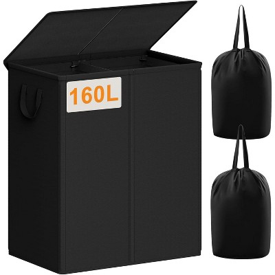 140L Laundry Hamper 2 Section, Double Laundry Basket with Lid, Large Dirty Clothes Hamper with Removable Liner Bags