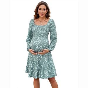 Coolmee Women's Maternity Mini Dress Puff Long Sleeve Smocked Square Neck Floral A Line Flowy Short Dress - 1 of 4