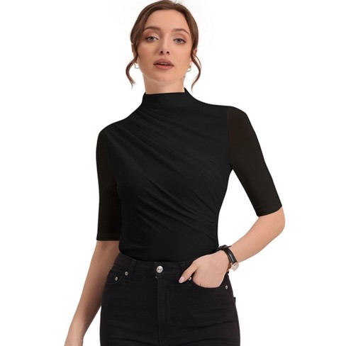 High neck black outlet top short sleeve