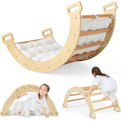 Costzon Wooden Arch Rocker with Cushion, 3-in-1 Montessori Climber for Toddlers, Indoor/Outdoor Playground Gym Playset (Arch Ladder)
