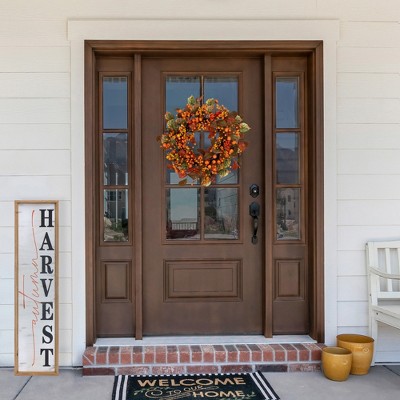 24" Orange and Green Artificial Fall Harvest Wreath with Grapevine Backing