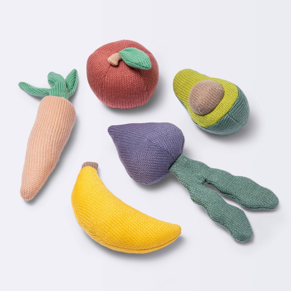 Fruit and Veggie Soft Toy Set - Cloud Island™: Shapes and Colors, Baby Rattles, 5 Pieces
