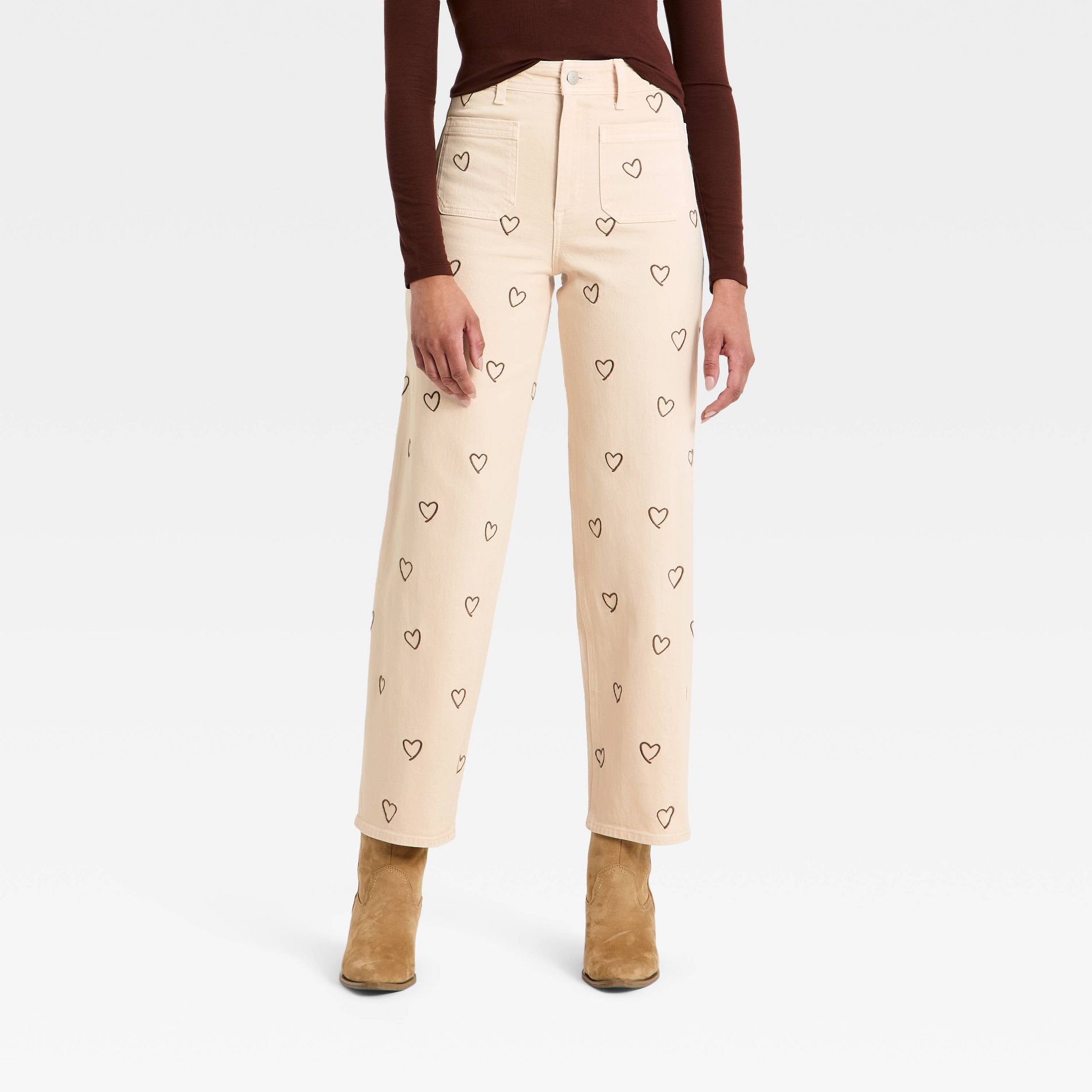 Women's Sailor Straight Heart Embroidered High-Rise Ankle Jeans - Universal Thread™ Cream