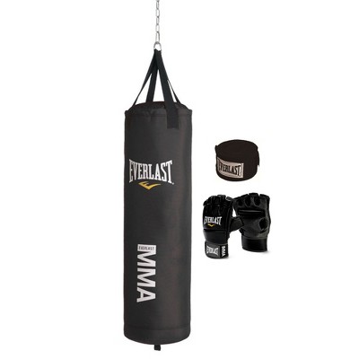 Everlast Leather Heavy 70 Pound Punching Bag with Chain and Swivel Assembly, 5 Ounce MMA Kickboxing Gloves and 180-Inch Boxing Hand Wrap, Black