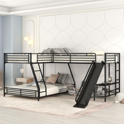 NicBex Twin Over Full Bunk Bed with Desk Triple Metal Bed Frame with Slide, Inclined ladder and Full Length Guardrail, No Box Spring Required