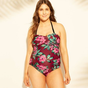 Maternity Floral Print Sleeveless Tropical Bandeau One Piece Swimsuit - Isabel Maternity by Ingrid & Isabel Burgundy XXL, Women