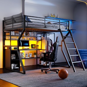 GDFStudio Susan Full Size Metal Loft Bed with Built-in Work Station, Open Wardrobe, LED and Charging Port - 1 of 4