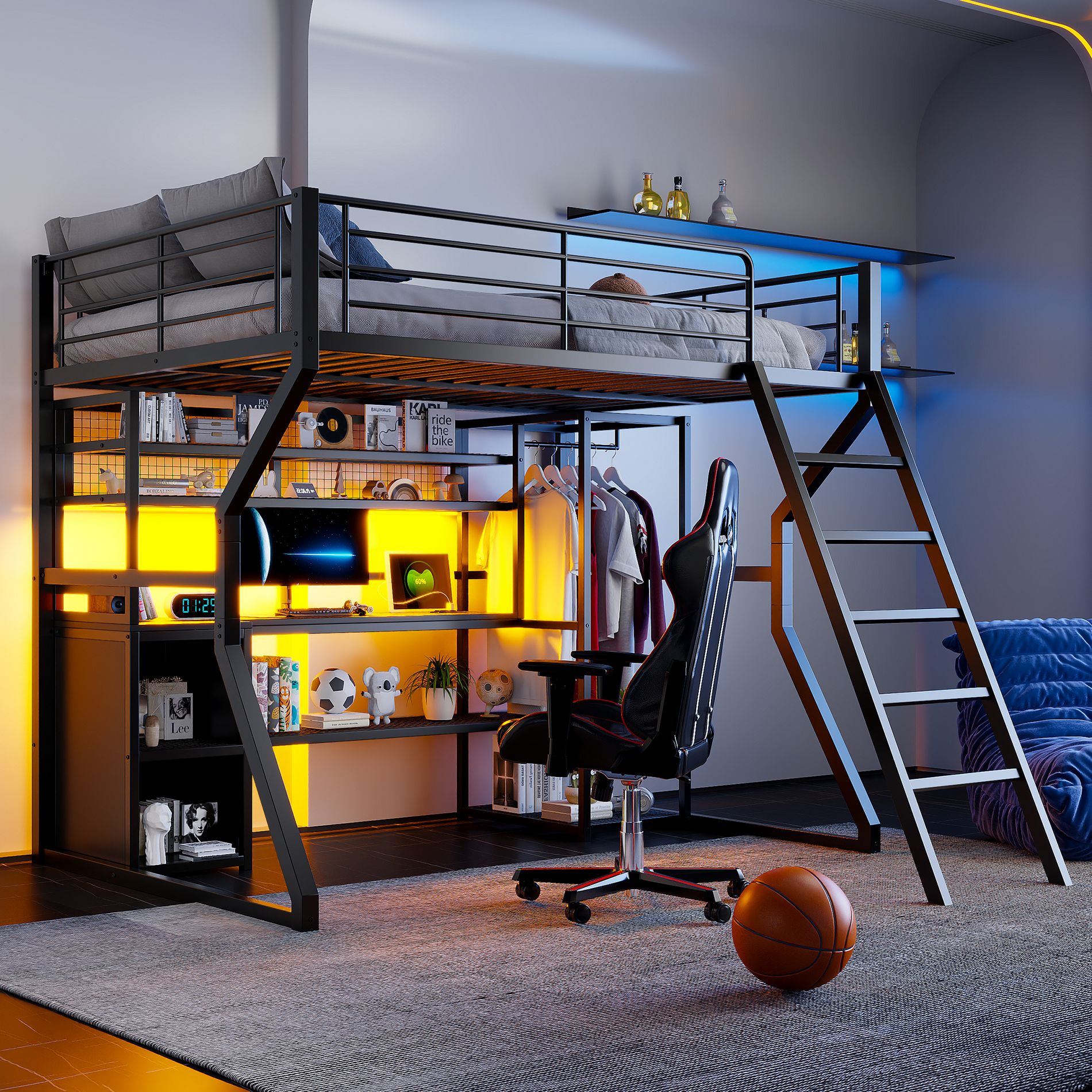 Whisen Full Size Metal Gaming Loft Bed with Built-in Work Station - Black