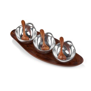 Nambé Portables Triple Condiment Server – (14.5” x 5.5”) Acacia Wood & Alloy Serving Set with Base, Bowls & Spoons, Perfect Appetizer, Dip Tray - 1 of 4