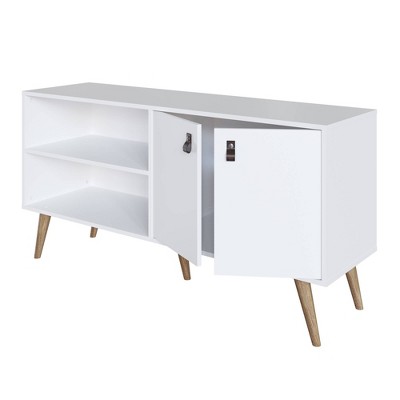 Amber White MDF TV Stand with Faux Leather Handles and Cabinet