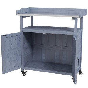 Outdoor Wooden Potting Bench with Storage Cabinet, Aluminum Tabletop, Rubber Wheels for Backyard, Patio, Balcony - 1 of 4