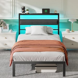Twin Bed Frames for Kids Metal Platform Bed Frame with Upholstered Headboard Wood Storage Shelf Charging Station and LED Lights No Box Spring Needed - 1 of 4