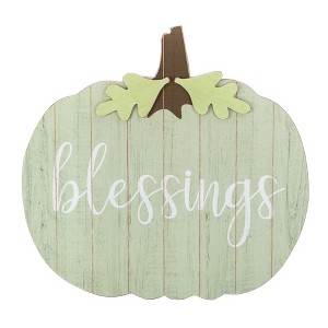 Northlight 20" Green and Brown Blessings Pumpkin Wooden Thanksgiving Hanging Wall Sign - 1 of 4