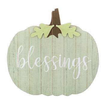 Northlight 20" Green and Brown Blessings Pumpkin Wooden Thanksgiving Hanging Wall Sign